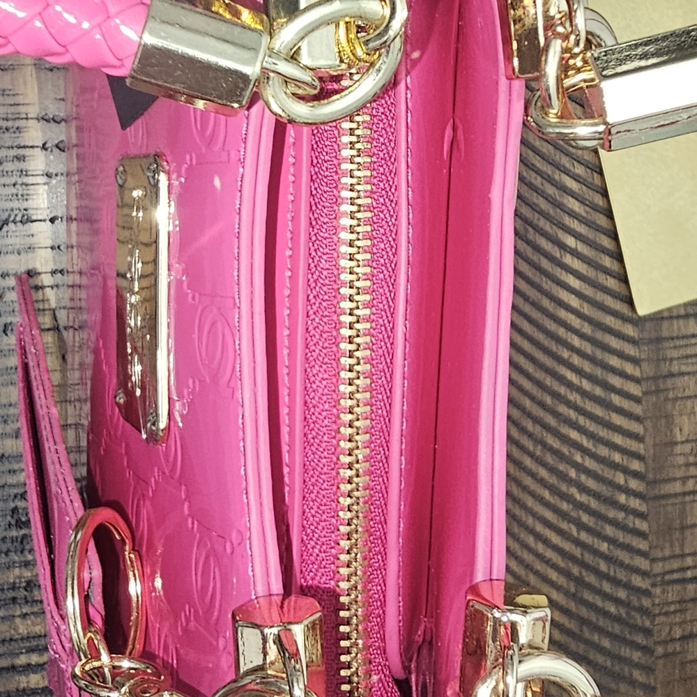 New Bebe Dana Patent leather Fuchsia Pink Satchel/ Crossbody Bag - Picture 8 of 13